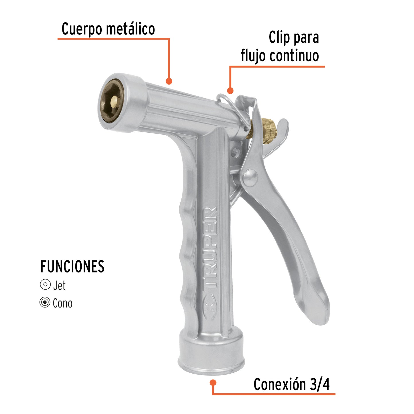 Pistola p/riego de 2 funciones metálica, Truper