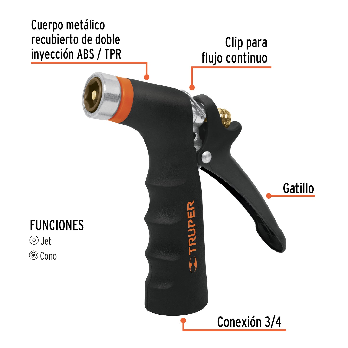 Pistola p/riego de 2 funciones metálica con recubrimiento