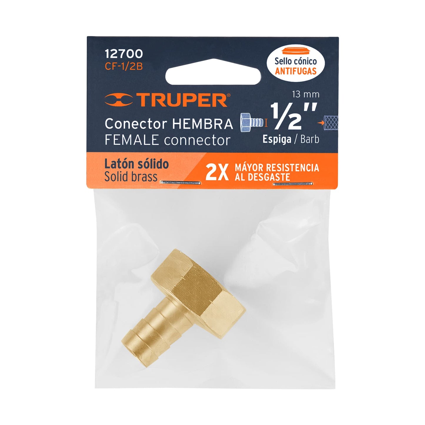 Conector  hembra 1/2" de latón sólido para manguera, Truper