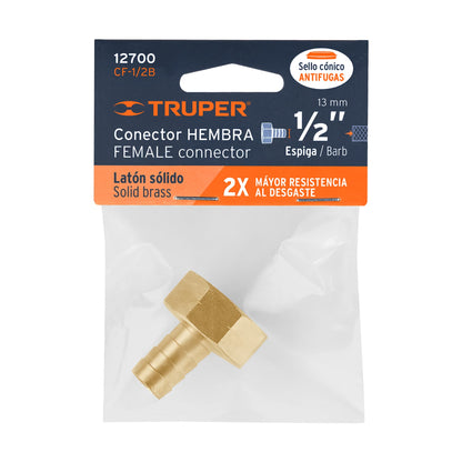 Conector  hembra 1/2" de latón sólido para manguera, Truper
