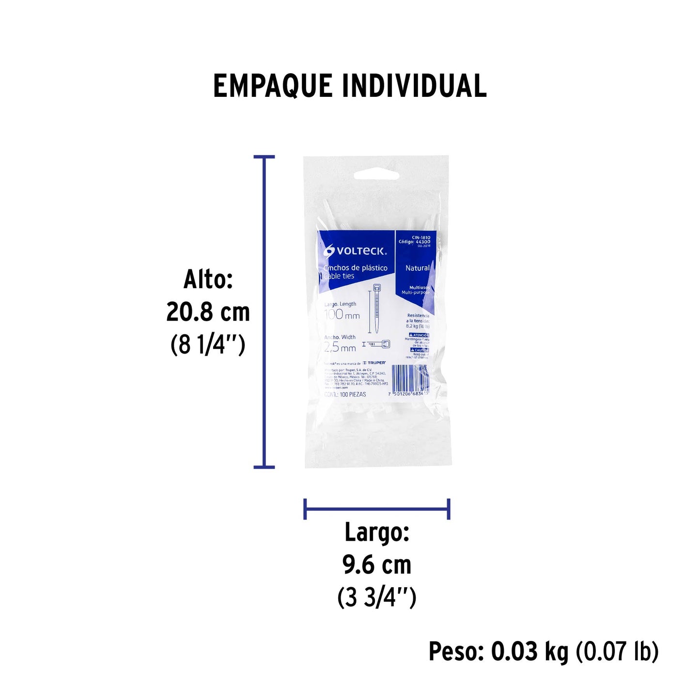 Bolsa 100 cinchos de plástico 18 lb, 100x2.5 mm, naturales