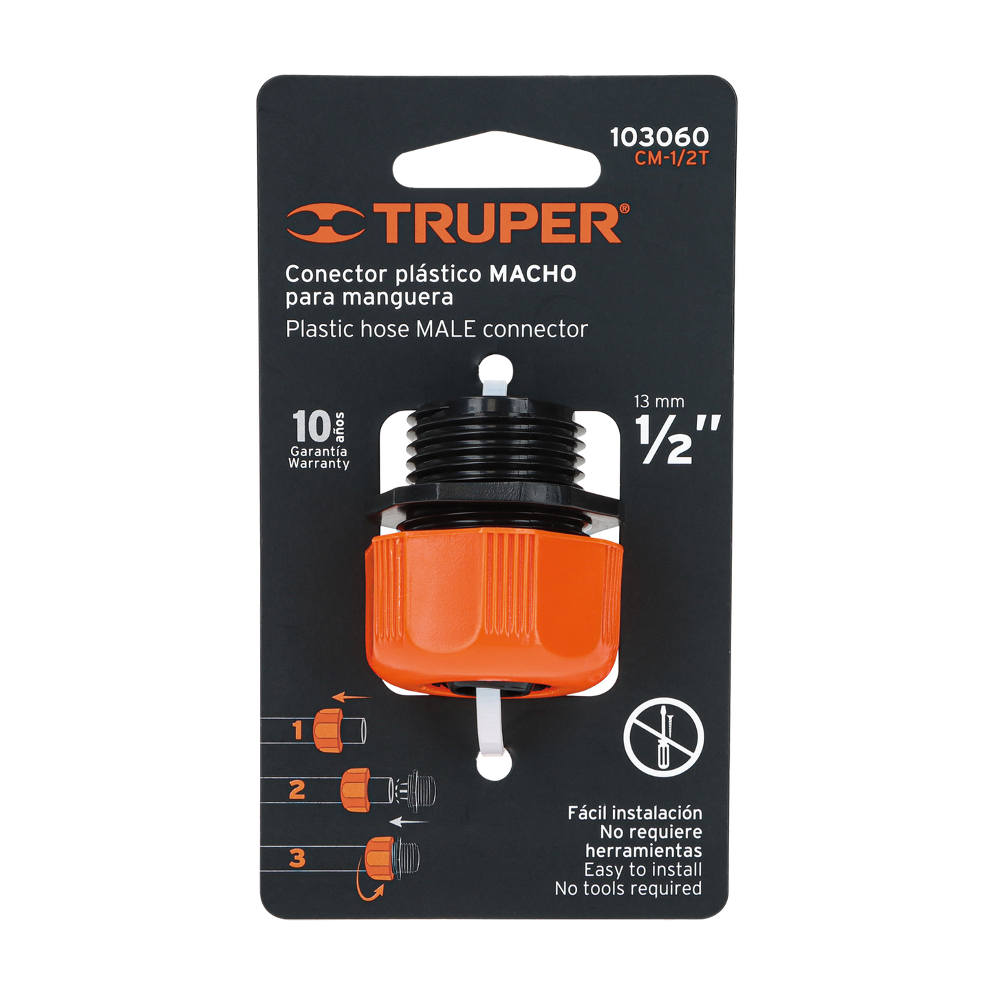 Conector macho 1/2" de ABS con tuerca de ajuste manual