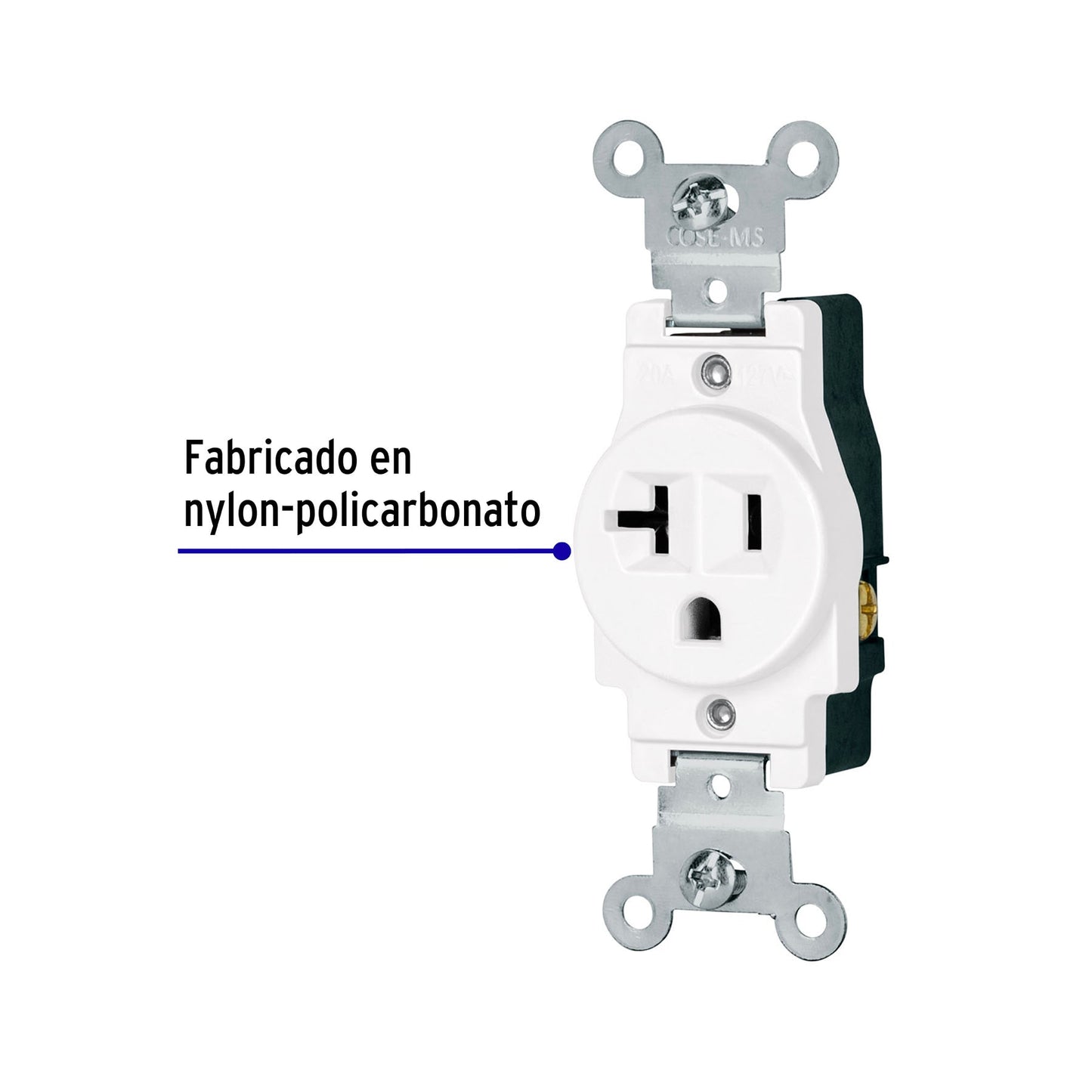 Contacto sencillo, 2 polos 3 hilos, 20 Amp, color blanco