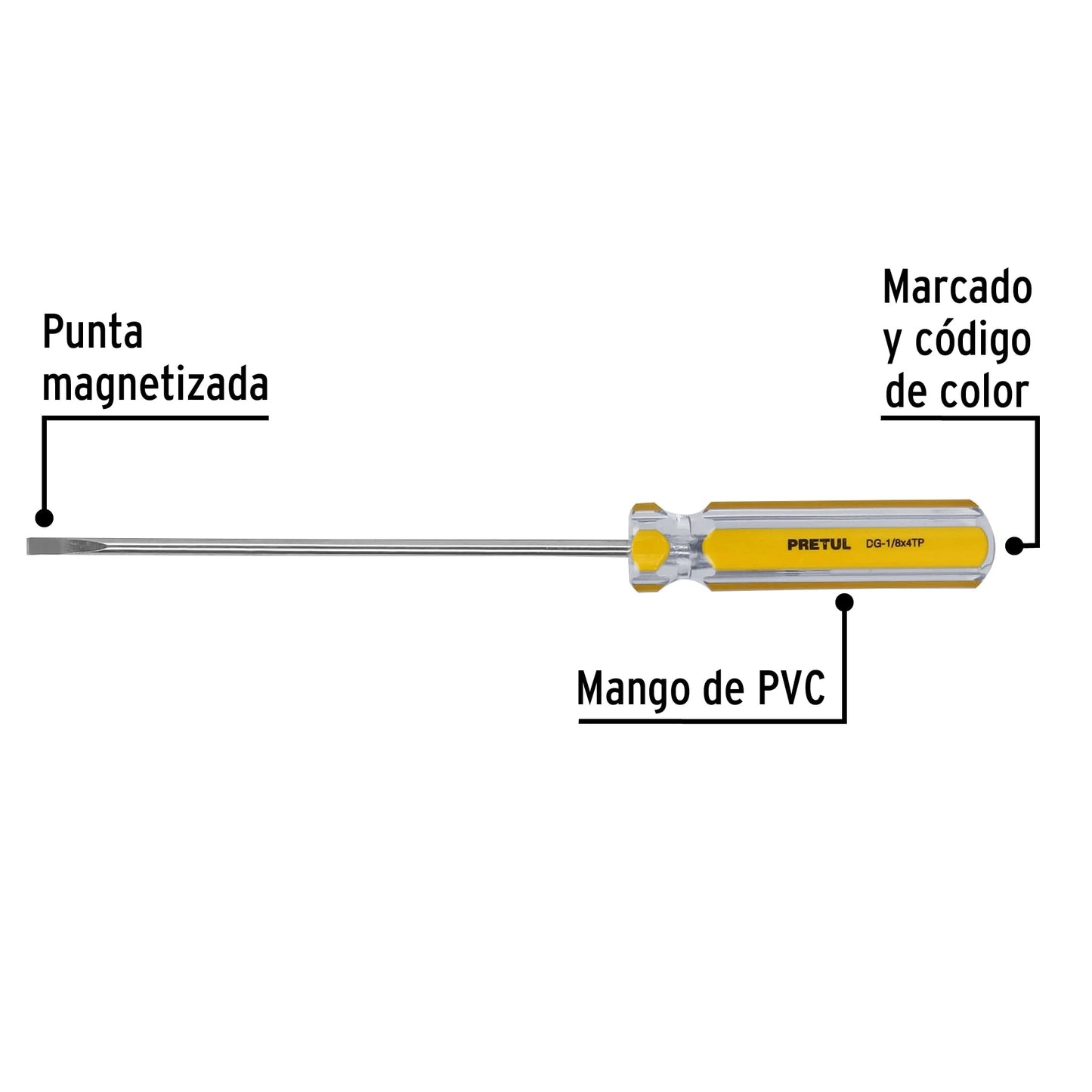 Desarmador tipo cabinet 1/8 x 4" con mango de PVC, Pretul