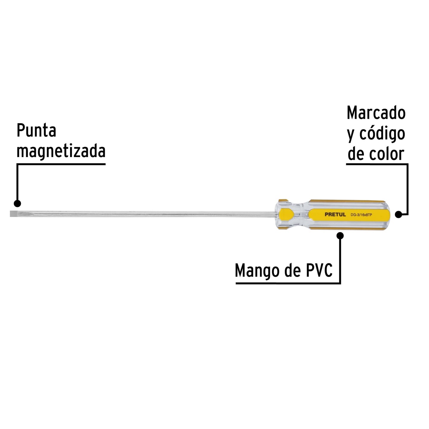 Desarmador tipo cabinet 3/16 x 8" con mango de PVC