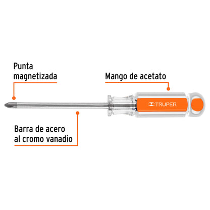Desarmador de cruz 1/4" x 4" con  mango de acetato
