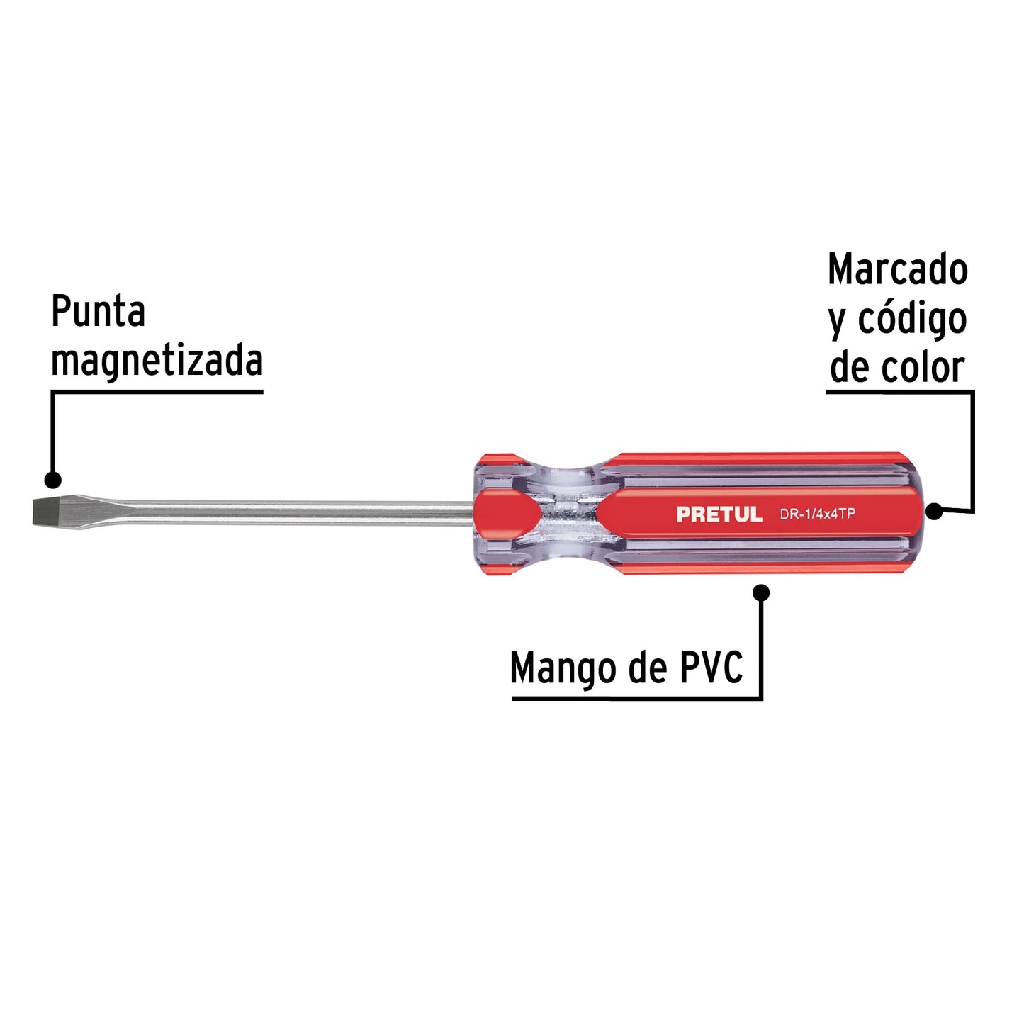 Desarmador plano 1/4" x 4" con mango de PVC