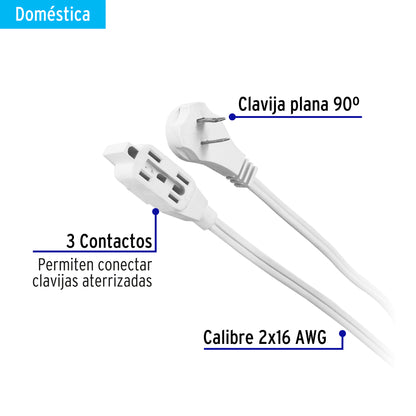 Extensión eléctrica doméstica de 10 m con clavija plana, blanca