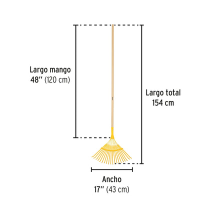 Escoba metálica p/jardín, curva, 20 dientes, mango 48"