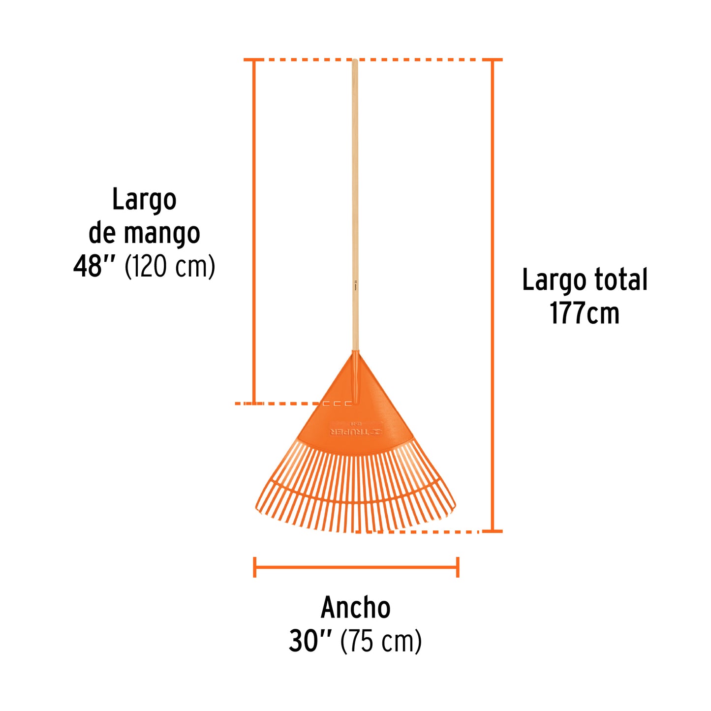 Escoba plástica p/jardín, flexible, 30 dientes, mango 4"