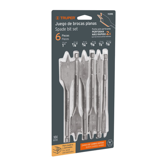 Juego brocas planas de manita, 6 piezas p/madera