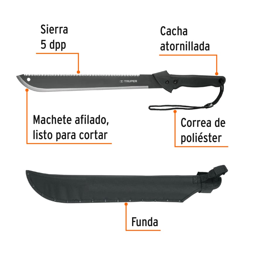 MACH-18X Machete doble filo 18" cacha inyectada, con funda