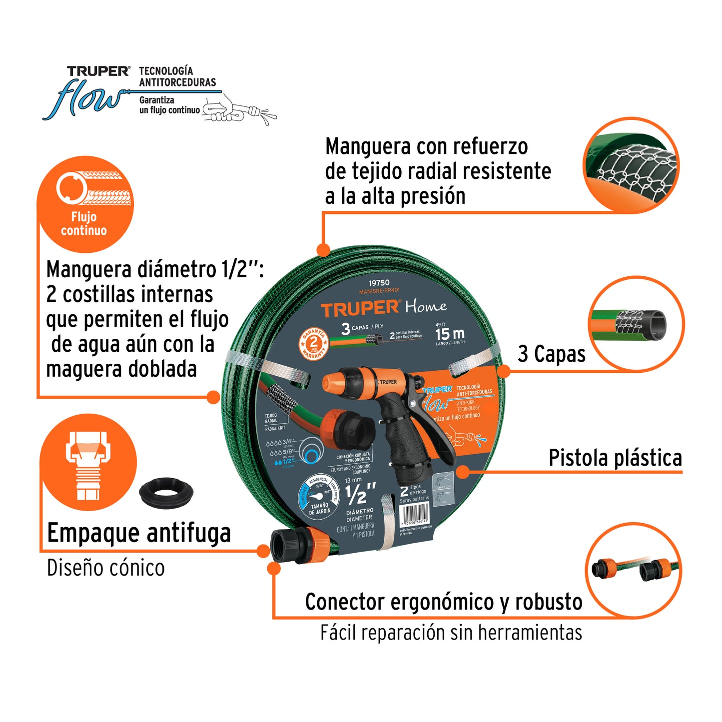 Combo manguera MAN-15X1/2RE y pistola para riego PR-401