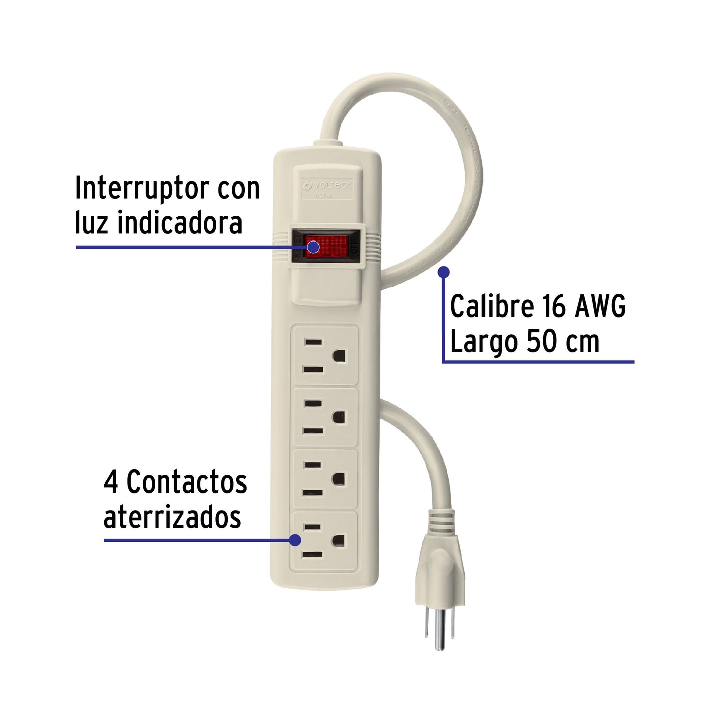 Multicontacto 16 AWG, 4 entradas