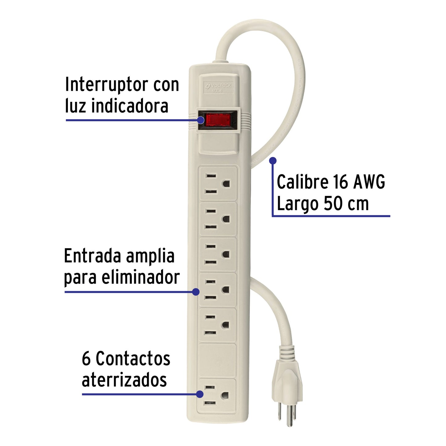 Multicontacto 16 AWG, 6 entradas
