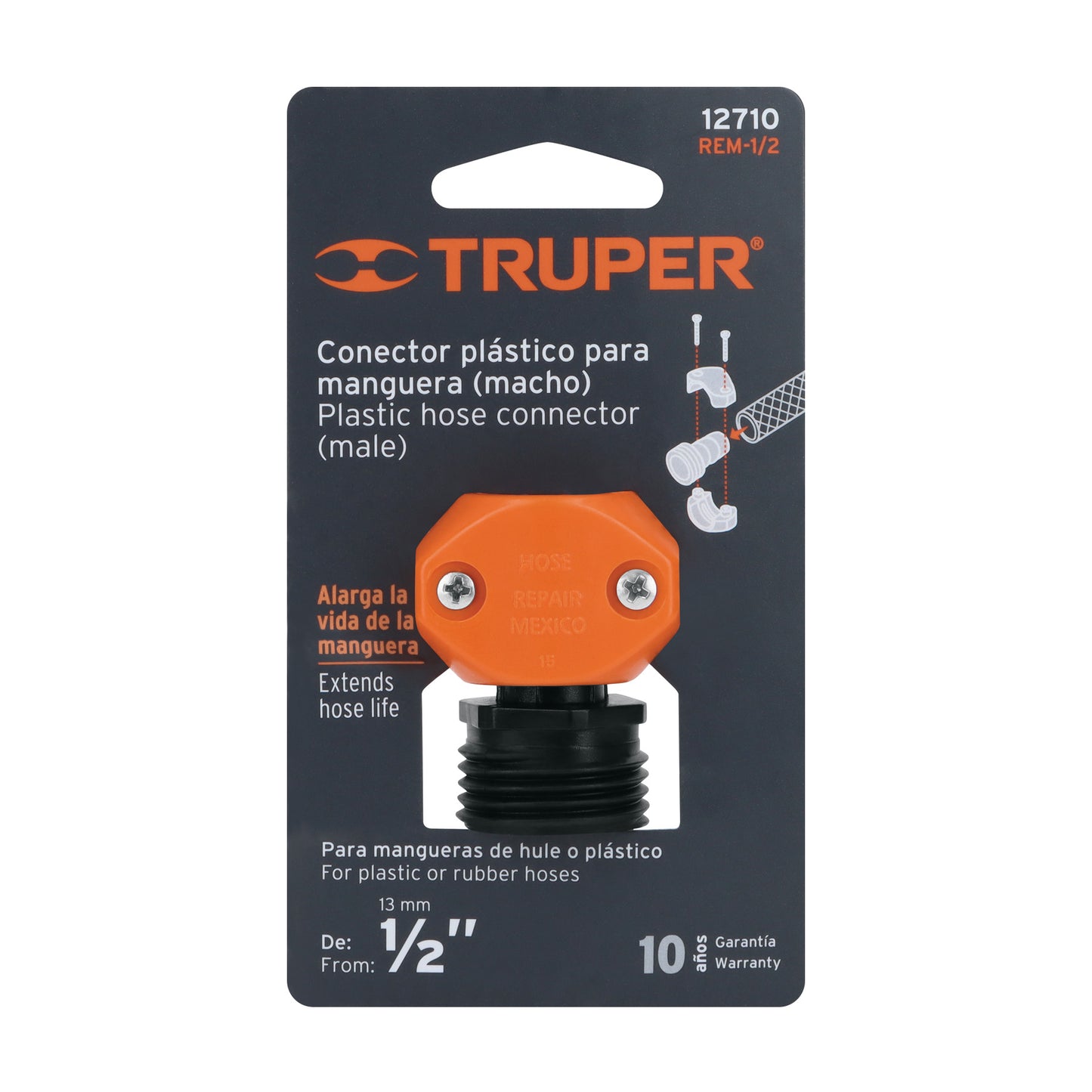Conector 1/2" macho de ABS p/manguera, Truper