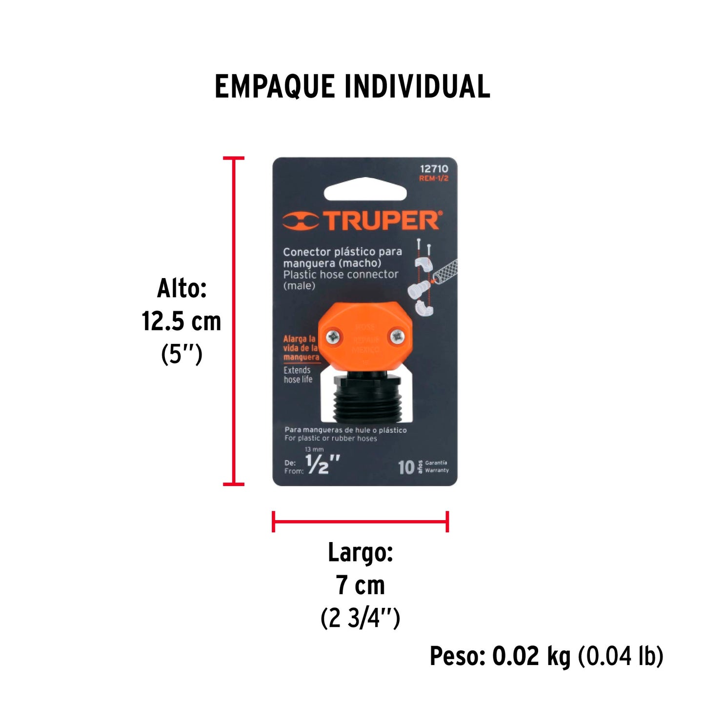 Conector 1/2" macho de ABS p/manguera, Truper