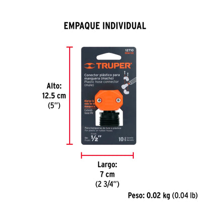 Conector 1/2" macho de ABS p/manguera, Truper